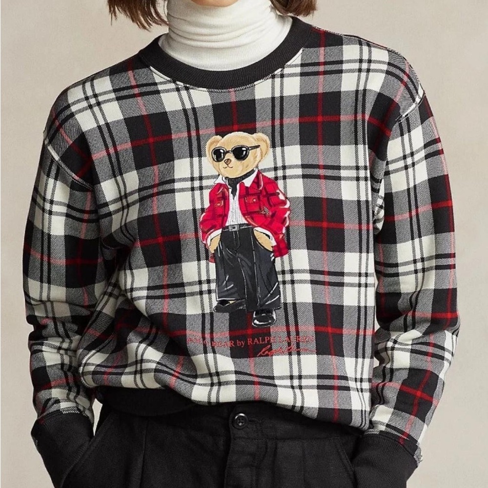 Ralph Lauren Women's Black and Red Plaid Crewneck Sweater